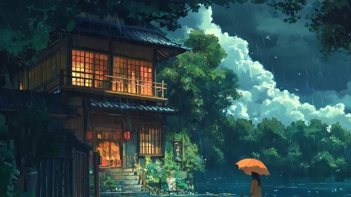 Warm riverside inn glows softly against a gentle summer storm
