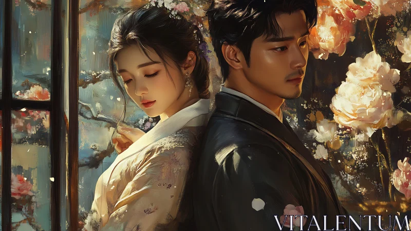 Lovers in hanbok stand back to back amid glowing blossoms.