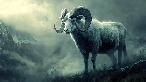 Mountain ram on rocky slope in misty, overcast terrain.