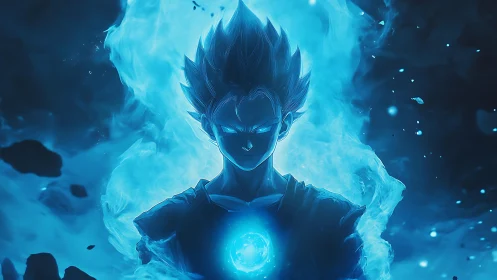 Anime energy warrior in blue ethereal aura composition.