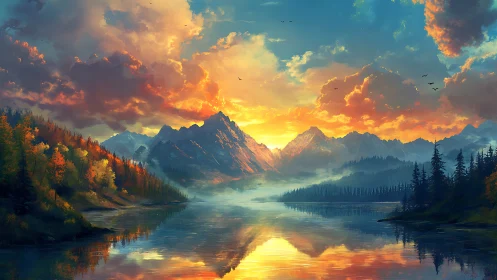 Sunset-illuminated alpine lake with mirrored peaks and volumetric clouds