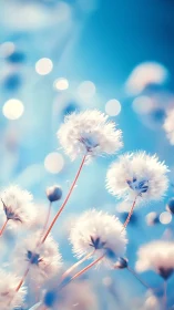 Delicate Dandelion Seeds Glowing Against Blue Sky.