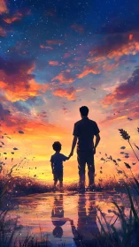 Father and child at sunset by reflective water.