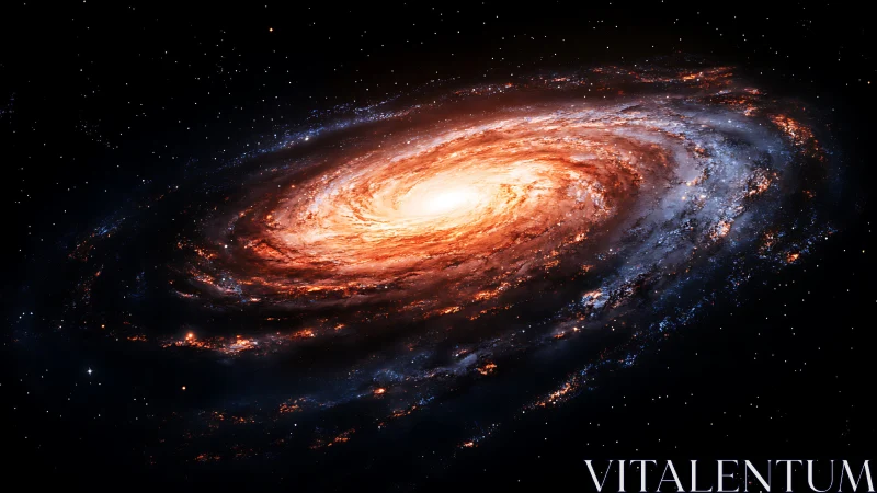 Spiral galaxy core blazing with orange stellar bands in void.