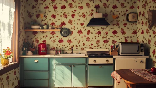 Retro domestic kitchen with teal cabinetry and floral wallpaper.