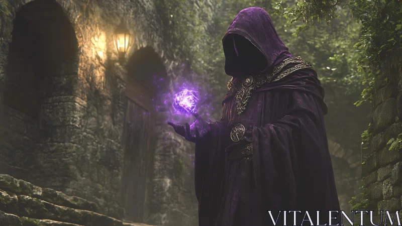 Hooded purple mage conjures glowing magic in stone ruins.