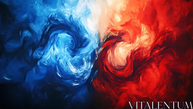 Blue and red swirling energy vortexes in abstract clash.