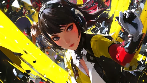 Dynamic anime portrait shows figure amid yellow fragments
