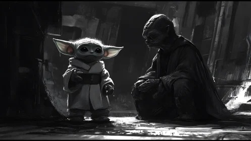 Monochrome sci fi corridor with two alien robed figures