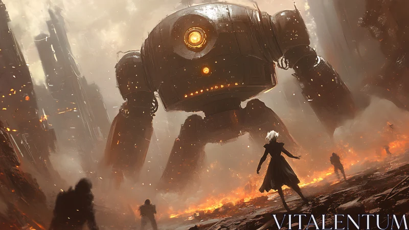 Giant war robot towers over lone fighter in burning city.