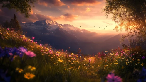 Sunlit alpine meadow overlooks distant snow covered mountains.