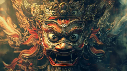 Ornate demonic mask with intricate metallic crown design.