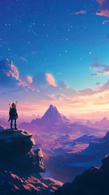 Digital painting of lone wanderer over luminous fantasy valley.