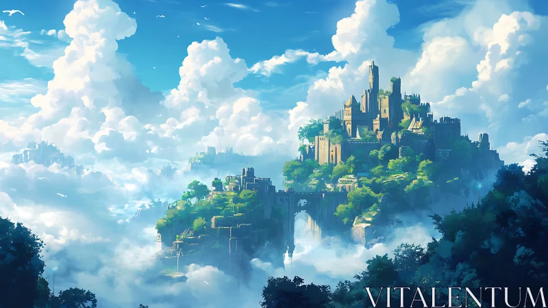 Floating Castle City Among Clouds in Fantasy Realm