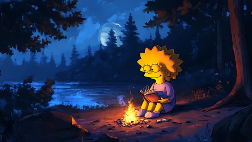 Moonlit campfire reading with a bright little dreamer.
