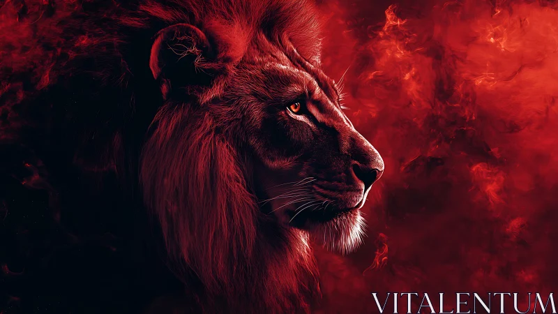 Lion profile rendered in intense red monochrome lighting