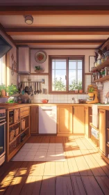 Sunlit wooden kitchen humming with cozy morning quiet.