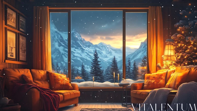 Cozy winter cabin living room glowing before snowy peaks.