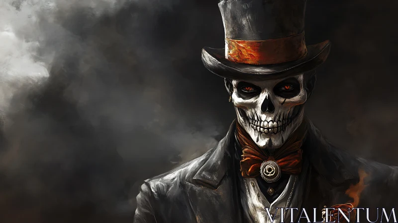 Dapper skeletal gentleman in smoldering Victorian noir portrait.
