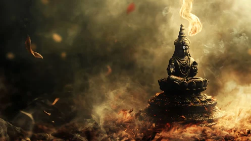 Bronze deity statue amid volumetric smoke and ember-filled atmosphere