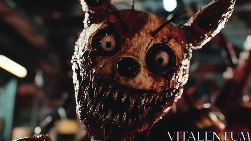 Photorealistic grotesque animatronic rabbit head close-up study.