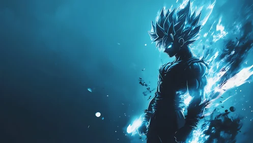 Silhouetted energy figure stands within blue luminous field