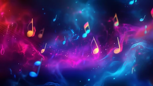 Multicolored music notes float over abstract light trails