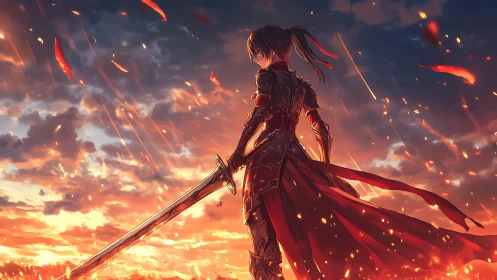Armored swordsman stands against illuminated, ember-filled sky
