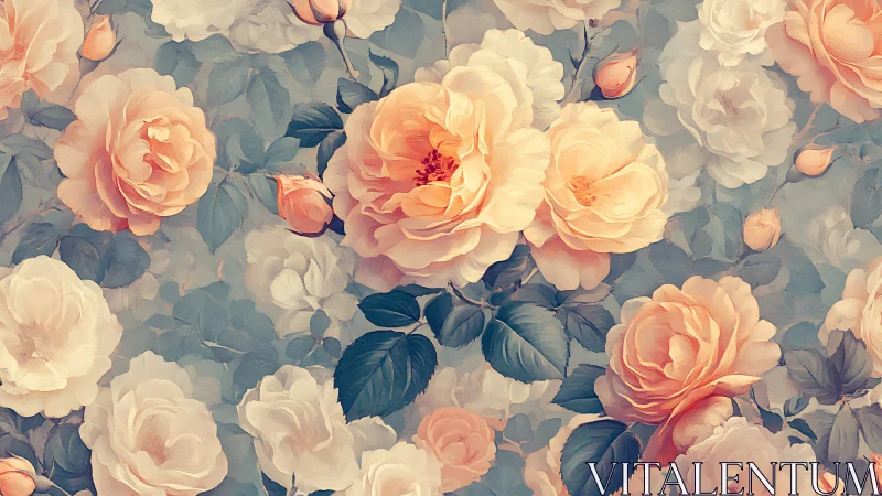 Layered Rose Garden: Soft Peach Blooms Against Muted Blue-Green Foliage.
