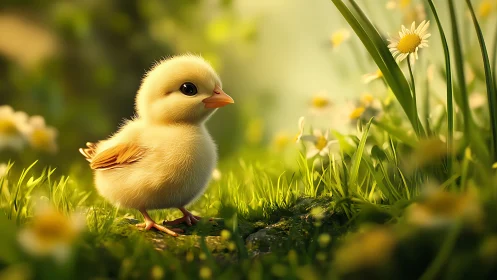 Fluffy Chick Among Spring Flowers and Grass.