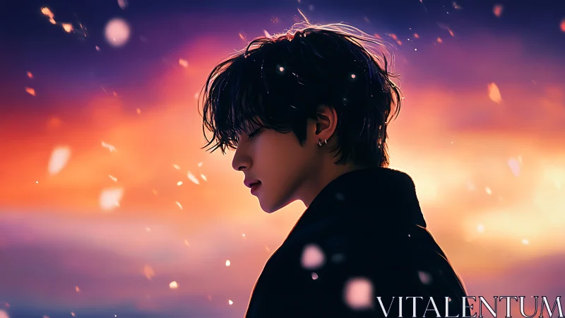 Side-lit digital portrait of youth amid luminous dusk particulates.