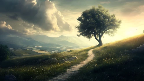 Solitary tree stands beside winding path on sunlit hillside