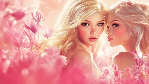 Two blonde figures positioned in profile against pink floral background