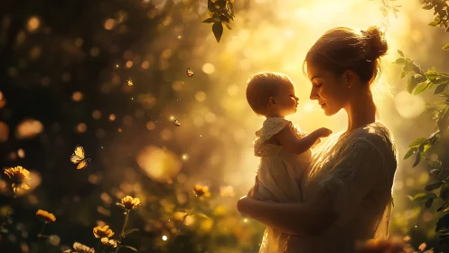 Sunlit garden cradles a mother and child in golden hush