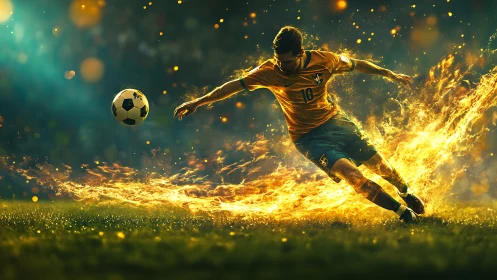 Dynamic soccer striker in fiery motion trail on field.