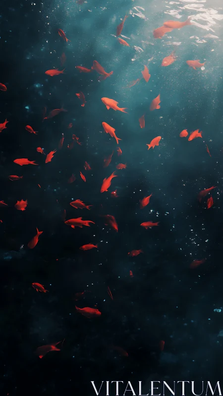 Red fish school suspended in deep blue underwater light field.