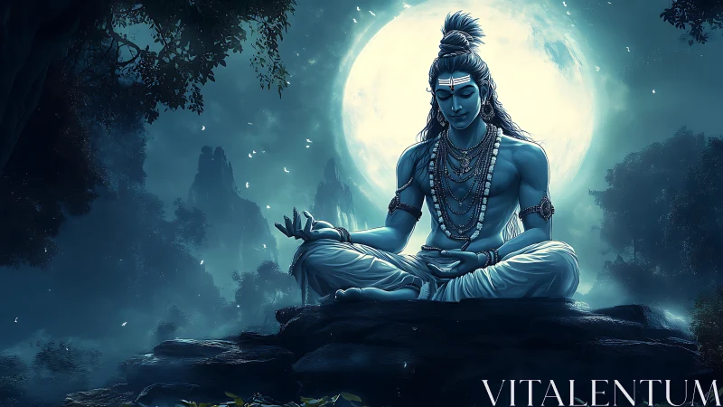Meditating blue figure sits before full moon in forest setting