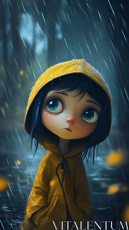 Sad big-eyed child in yellow raincoat under steady rain.
