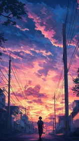 Backlit urban street silhouette under high-saturation sunset sky