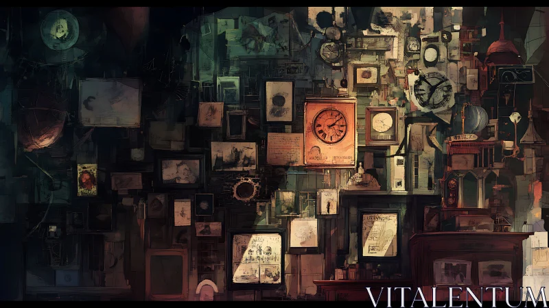 Chronological wall of clocks, sketches and mechanical relics