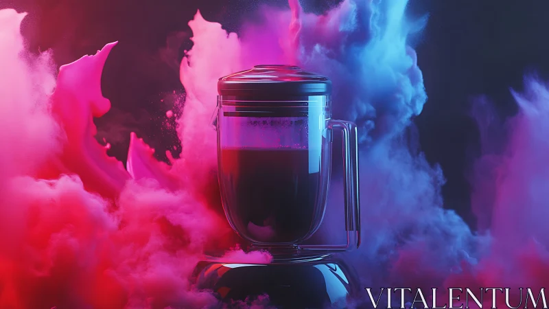 Neon Blender Vessel Immersed in Vibrant Chromatic Fog.