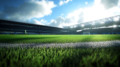 Sunlit football pitch close-up with bright stadium lights.