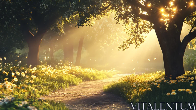 Sunlit woodland path lined with wildflowers and tall trees.