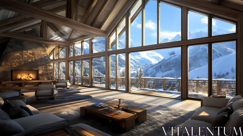 Sunlit alpine chalet lounge embracing vast winter peaks.