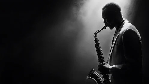 Saxophonist performs under single spotlight in dense stage haze