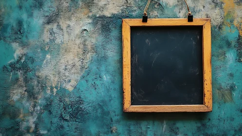 Wooden framed blank chalkboard hangs on textured wall