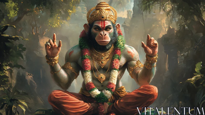 Divine monkey warrior in meditative forest throne pose.