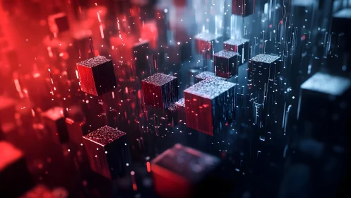 Floating Digital Cubes in Futuristic Abstract Cyberpunk Style.