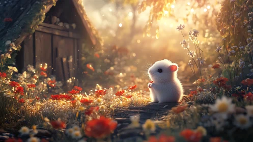 Tiny white mouse pauses in a golden, enchanted garden dusk