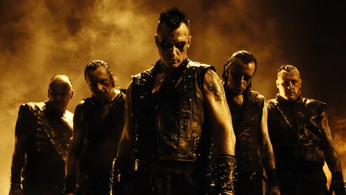 Metal band members in leather vests under orange stage light.
